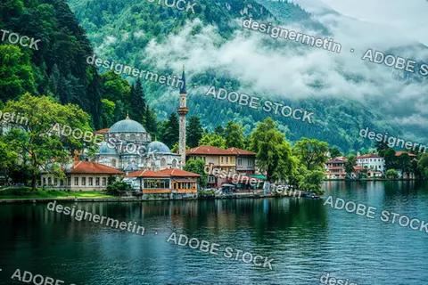 Traditional Mosque And Colorful Houses By Mountain Lake, Surrounded By Lush Green Forest And Cloudy Misty Hills