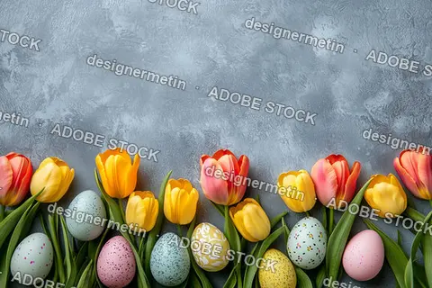 Elegant Spring Composition With Colorful Tulips And Decorative Easter Eggs On Textured Gray Background