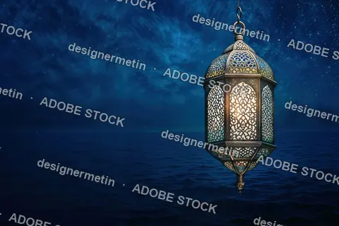 Elegant Ramadan Lantern Glowing Over A Serene Ocean Under A Starry Night Sky