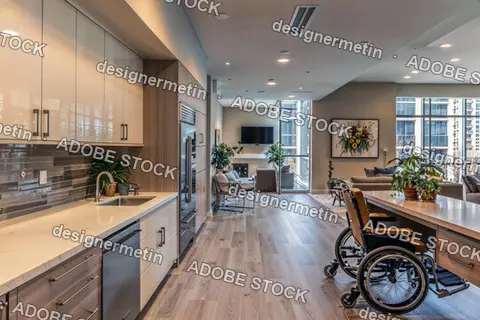 Modern Wheelchair Accessible Apartment With Open-Concept Kitchen, Stylish Decor, Natural Light And Inclusive Interior Design