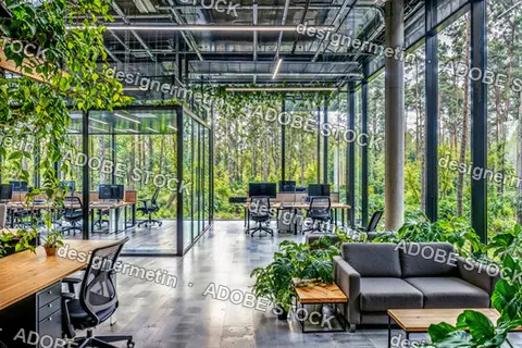 Modern Eco Friendly Office With Glass Walls, Natural Lighting, Indoor Plants And Open Workspace Surrounded By Greenery