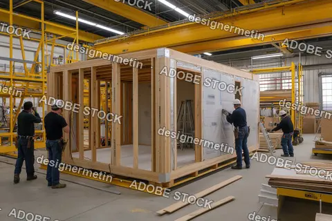 Construction Workers Assembling Modular Wooden Home In Industrial Factory With Yellow Framework