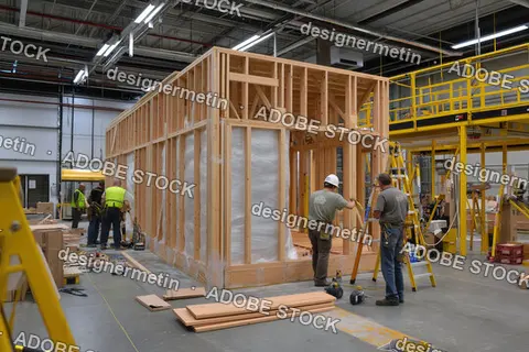 Construction Workers Assembling Modular Wooden Home In Factory With Tools And Scaffolding