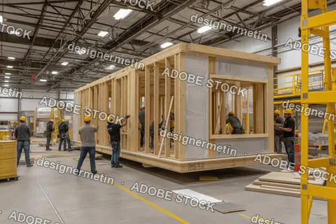 Construction Workers Assembling Modular Wooden Home In Industrial Factory With Yellow Scaffolding