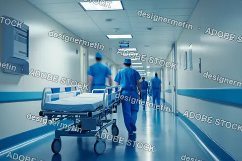 Healthcare Workers Urgently Moving Stretcher Down Sterile Hospital Corridor, Emphasizing Fast Medical Response And Patient Care