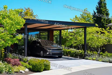 Elegant Suburban Home With Contemporary Carport Design, Featuring Stylish Parked Car And Lush Green Landscaping Around Entrance
