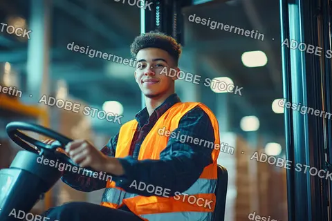 Smiling Young Forklift Operator In Safety Vest Working Confidently Inside Modern Warehouse Distribution Center With Blurred Background