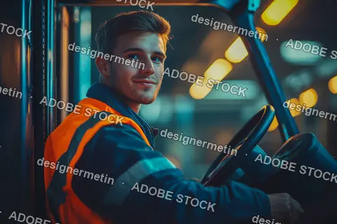 Confident Young Forklift Driver Wearing Safety Vest Sitting Inside Warehouse Vehicle Surrounded By Industrial Lighting And Equipment