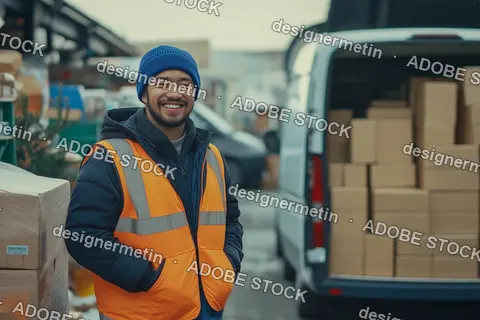 Smiling Delivery Worker In Safety Vest Standing Beside Van Filled With Cardboard Boxes During Cold Winter Day