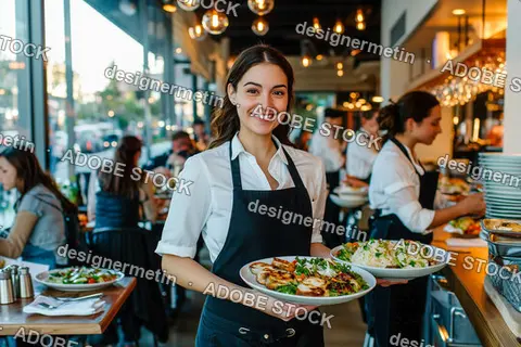 Smiling Waitress Holding Two Plates Of Food In A Modern, Warmly Lit And Busy Restaurant Interior During Dinner Service