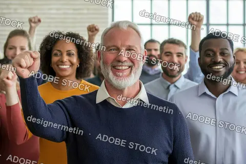 Smiling Diverse Business Team Raising Fists In Celebration Of Success Leadership Unity Teamwork And Professional Achievement