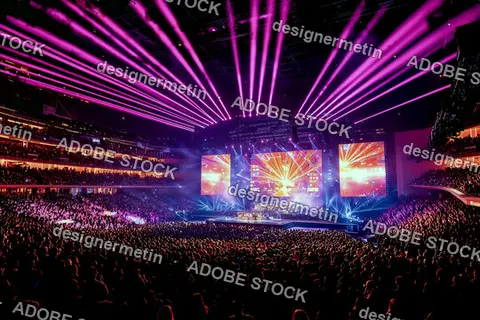 Massive Indoor Concert With Vibrant Laser Lights And Large Cheering Crowd Watching Live Performance On Illuminated Stage Screens