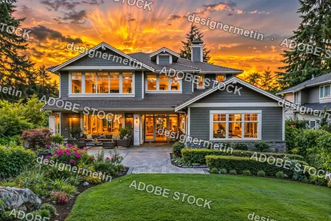 Charming Suburban House With Vibrant Garden, Glowing Interior Lights And Dramatic Sunset Sky In Background
