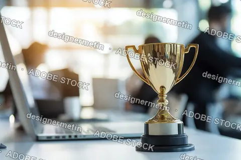 Golden Trophy Placed Beside Laptop On Office Desk Representing Employee Achievement Recognition And Business Success Reward