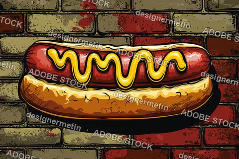 Grunge Graffiti Hot Dog With Mustard On Distressed Brick Wall Background In Urban Street Food Style