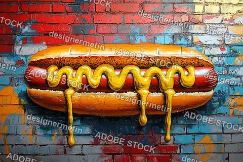Realistic Graffiti Hot Dog With Dripping Mustard On Colorful Painted Brick Wall In Street Food Art Style