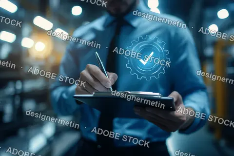 Business Professional Reviewing Checklist For Quality Assurance With Digital Gear And Checkmark Icon In Factory