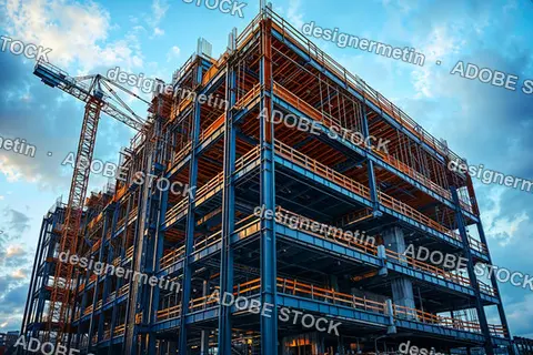 Steel Frame Structure Of Modern High Rise Building Under Construction With Crane And Blue Sky In Background