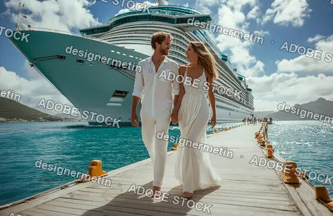 Romantic Couple In White Walking Hand In Hand Near Luxury Cruise Ship Docked In Tropical Destination Under Sunshine