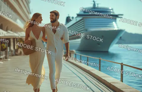 Smiling Couple In White Clothing Walking Together Along Marina Promenade Near Cruise Ship On Sunny Summer Vacation