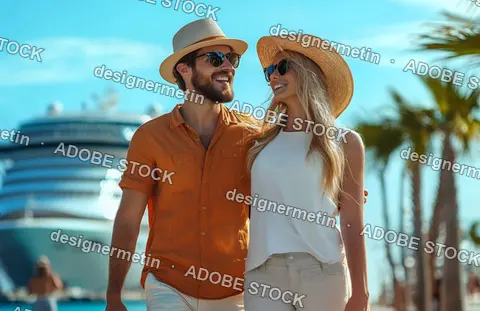 Happy Couple Wearing Summer Hats And Sunglasses Smiling Near Cruise Ship On Sunny Tropical Vacation With Palm Trees