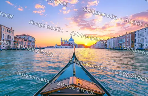 Gondola Ride Through Colorful Venice Canal At Vibrant Sunset With Santa Maria Della Salute Church In Background