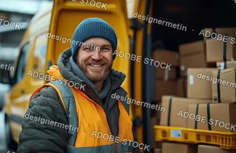 Smiling Delivery Worker In Winter Clothing Standing Beside Yellow Van Filled With Cardboard Boxes Ready For Distribution