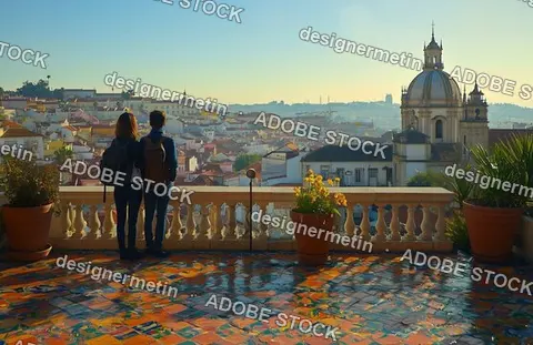 Two Travelers With Backpacks Enjoying Scenic City View From Colorful Tiled Terrace Overlooking Rooftops And Historic Church Dome