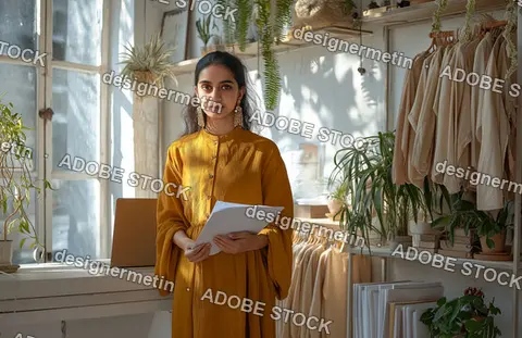 Young Woman Fashion Entrepreneur Standing In Boutique Workspace Holding Papers Surrounded By Plants Natural Light And Garments