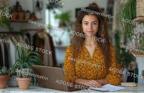 Confident Young Businesswoman With Curly Hair Working In Modern Boutique Surrounded By Plants Clothing Racks And Laptop