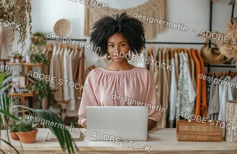 Confident Young Woman Works At Laptop Inside Stylish Clothing Boutique Surrounded By Earth Toned Garments And Natural Decor