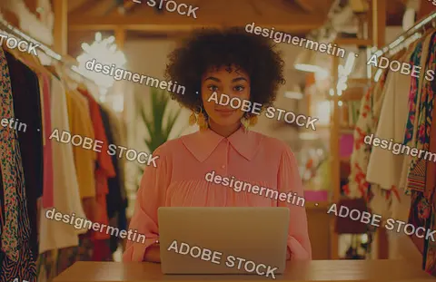 Smiling Woman Using Laptop Inside Boutique With Stylish Clothing Racks Bright Lighting And Creative Shop Interior Design