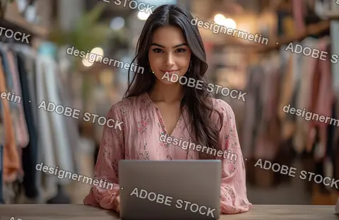 Confident Woman Working On Laptop Inside Stylish Boutique With Fashionable Clothes Racks Soft Lighting And Cozy Decor