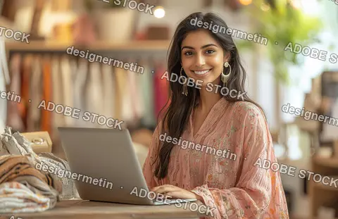 Smiling Woman Using Laptop In Cozy Boutique Wearing Elegant Pink Outfit With Fashion Accessories And Warm Lighting