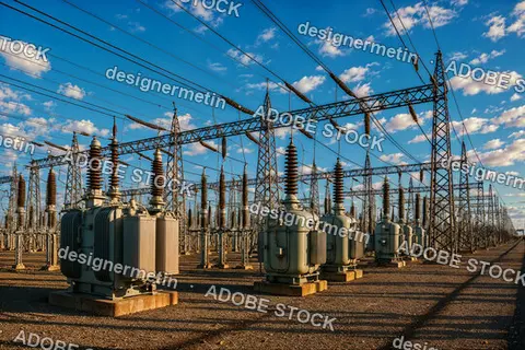 High Voltage Electrical Substation Infrastructure With Power Transformers And Transmission Lines Under Clear Blue Sky At Sunset