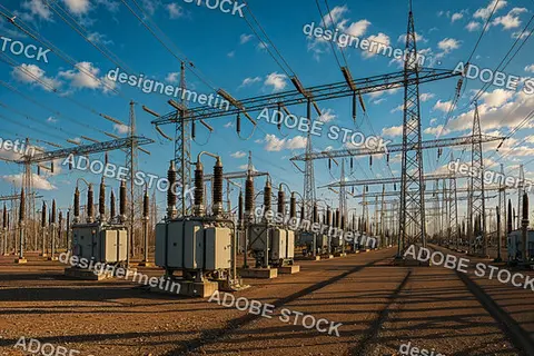 High Voltage Power Substation With Transformers And Transmission Lines Under Blue Sky Generating Electricity For Energy Distribution