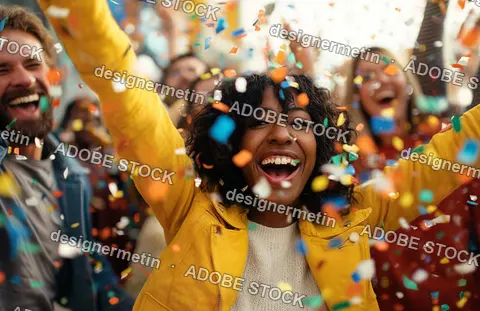 Joyful Woman Laughing During Confetti Celebration At Lively Street Party Expressing Happiness, Freedom And Vibrant Energy