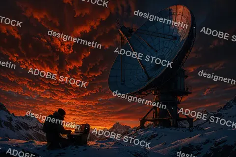 Scientist Working On Computer Near Massive Satellite Dish At Sunset In Remote Snowy Mountains With Dramatic Sky
