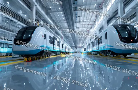 Modern High Speed Metro Trains Inside Clean Industrial Facility With Bright Lights Reflecting On Polished Floor In Manufacturing Plant