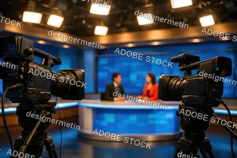 Modern Professional Television News Studio With Two Anchors Discussing Latest Topics During Live Broadcast Under Bright Studio Lights