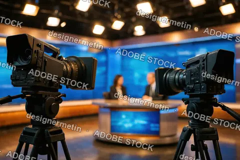 Professional Television Studio With Two Large Video Cameras Recording News Anchors At Modern News Desk