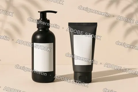 Minimalist Cosmetic Packaging Mockup With Black Pump Bottle And Tube Featuring Blank White Labels On Beige Background