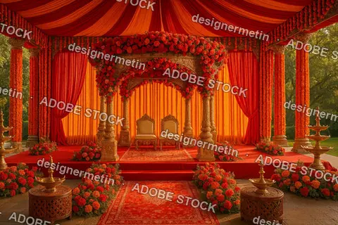 Traditional Indian Wedding Mandap Beautifully Decorated With Vibrant Red And Orange Flowers Golden Pillars And Luxurious Ceremonial Seating Arrangement