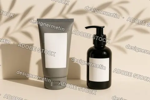 Blank Cosmetic Tube And Pump Bottle With White Labels On Beige Background With Leaf Shadows In Natural Sunlight