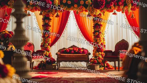 Traditional Floral Wedding Mandap With Luxurious Seating And Vibrant Red Orange Fabric Drapery
