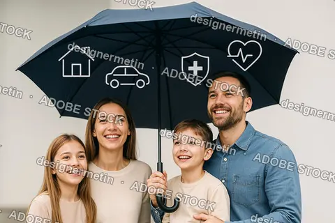 Happy Family Standing Under Umbrella With Insurance Protection Icons For Home Car Health And Life Security Concept