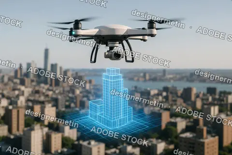 Aerial Drone Generates Real Time 3D Building Model Over Urban Skyline For Advanced Surveying Mapping Analysis Precision