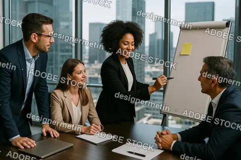 Smiling Business Woman Presenting Ideas On Flip Chart During Team Meeting In Bright Modern Office Boardroom