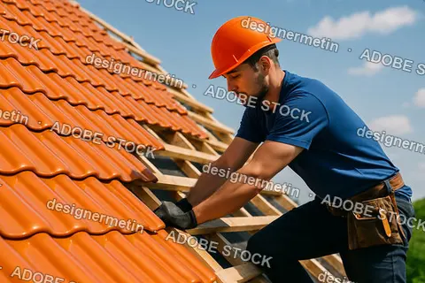 Construction Worker Installing Orange Roof Tiles On Wooden Frame Structure During Sunny Day For Residential Roofing Project