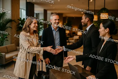 Smiling Couple Warmly Greeted By Hotel Reception Staff During Check In At Modern Luxurious Hotel Lobby Interior